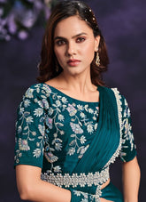 Turquoise Blue Crape Satin Silk Embroidered Ready to Wear Saree